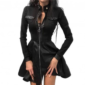 Fashion Women Lace Long Sleeve Zipper Pocket Large Hem Faux Leather Mini Dress