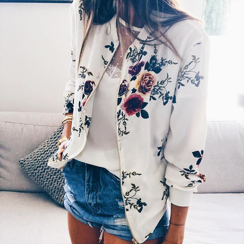 Flower Print Long Sleeve Women's Bomber Jacket Fashion Zipper Up